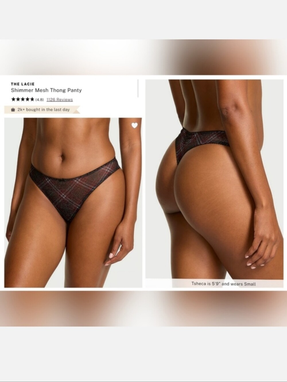 Victoria's Secret Very Sexy The Lacie Shimmer Mesh Plaid Thong Panty BLACK XL